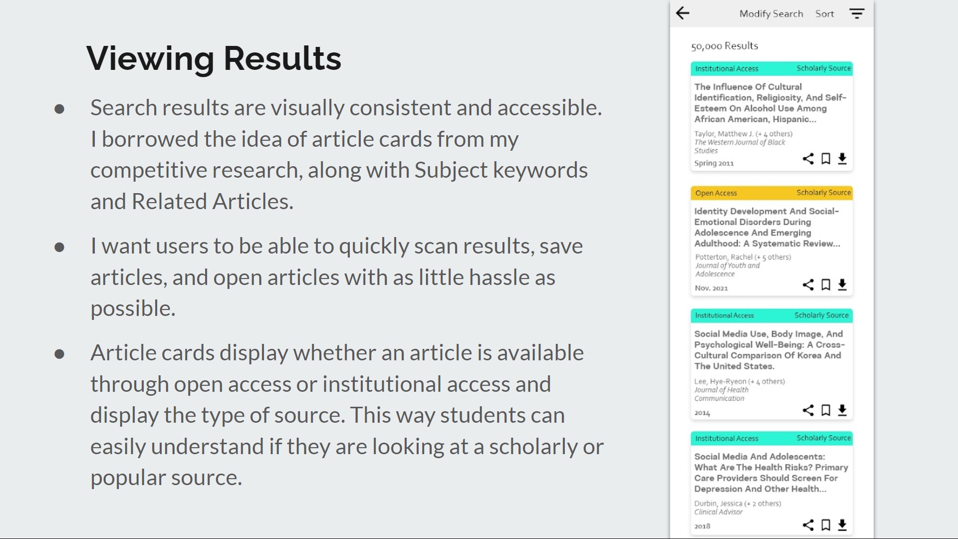 A slide showing my rationale for results view design